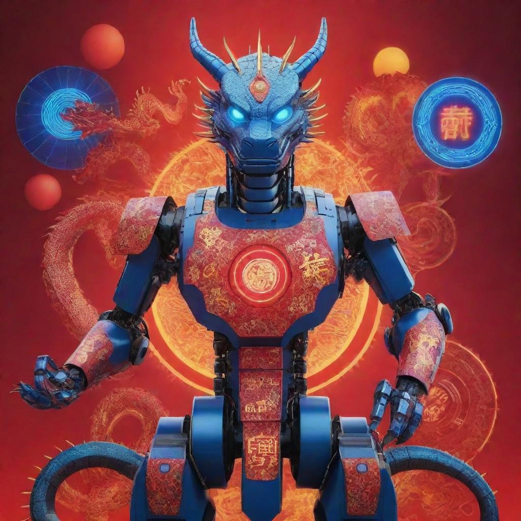 Create a Chinese New Year poster showcasing a Chinese dragon turned modern robot, surrounded by solar panels and electronic theme elements. The dragon has neon designs on its body, emphasized by vivid red and blue colors.