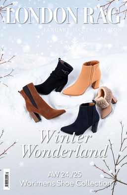 A captivating magazine cover for London Rag's January 2025 issue, themed 'Winter Wonderland'