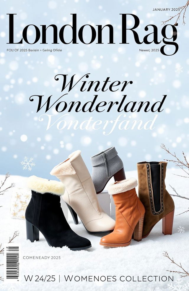 A captivating magazine cover for London Rag's January 2025 issue, themed 'Winter Wonderland'