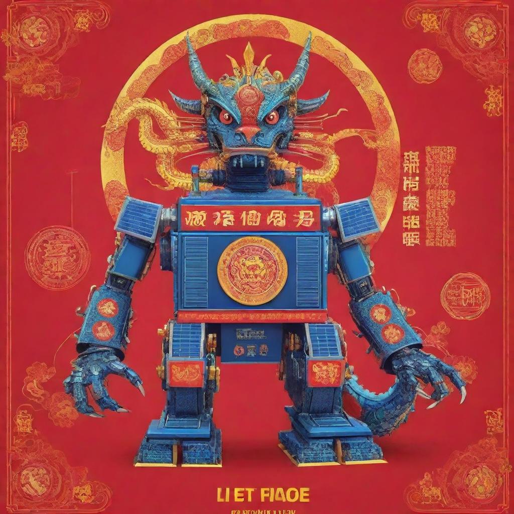 Design a Chinese New Year poster featuring a Chinese dragon robot machine. Include elements of solar panels and set it against an electronic theme. Use red and blue colors, highlighted by neon designs on the dragon's mechanical body.