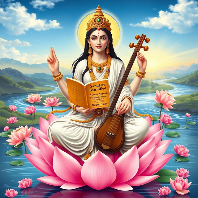 An artistic depiction of the goddess Saraswati, showcasing her elegant form with four arms, gracefully holding a book titled 'Sanskrit Simplified: A Contemporary Approach For Absolute Beginners' by Dayaram Singh