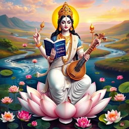 An artistic depiction of the goddess Saraswati, showcasing her elegant form with four arms, gracefully holding a book titled 'Sanskrit Simplified: A Contemporary Approach For Absolute Beginners' by Dayaram Singh