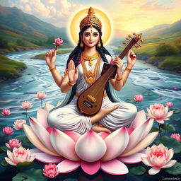 An artistic depiction of the goddess Saraswati, showcasing her elegant form with four arms, gracefully holding a book titled 'Sanskrit Simplified: A Contemporary Approach For Absolute Beginners' by Dayaram Singh