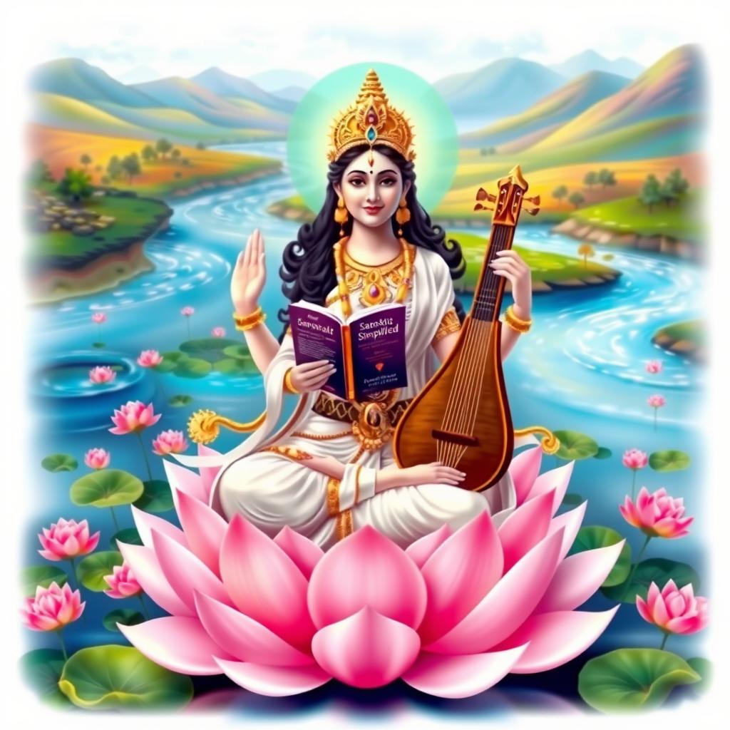 An artistic depiction of the goddess Saraswati, showcasing her elegant form with four arms, gracefully holding a book titled 'Sanskrit Simplified: A Contemporary Approach For Absolute Beginners' by Dayaram Singh