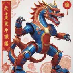 Design a Chinese New Year poster featuring a Chinese dragon robot machine. Include elements of solar panels and set it against an electronic theme. Use red and blue colors, highlighted by neon designs on the dragon's mechanical body.