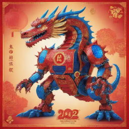 Design a Chinese New Year poster featuring a Chinese dragon robot machine. Include elements of solar panels and set it against an electronic theme. Use red and blue colors, highlighted by neon designs on the dragon's mechanical body.