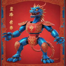 Design a Chinese New Year poster featuring a Chinese dragon robot machine. Include elements of solar panels and set it against an electronic theme. Use red and blue colors, highlighted by neon designs on the dragon's mechanical body.