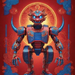 Illustrate a Chinese New Year poster with a central figure of a Chinese dragon robot. Incorporate solar panels and electronic-themed elements into the backdrop. Accentuate with bright red and blue neon designs on the robot's body.