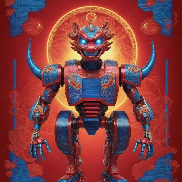 Illustrate a Chinese New Year poster with a central figure of a Chinese dragon robot. Incorporate solar panels and electronic-themed elements into the backdrop. Accentuate with bright red and blue neon designs on the robot's body.