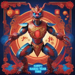 Illustrate a Chinese New Year poster with a central figure of a Chinese dragon robot. Incorporate solar panels and electronic-themed elements into the backdrop. Accentuate with bright red and blue neon designs on the robot's body.