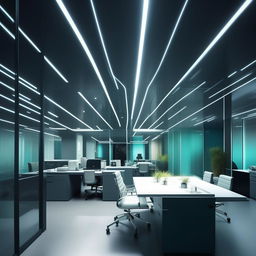 Medium-shot angle of a boss's office interior room, with grey and teal color scheme, white ceiling decorated with lights, a glass office table, and two designer walls. Illuminate the scene with soft, natural light for a cinematic, multiple-exposure visual effect.