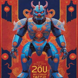 Illustrate a Chinese New Year poster with a central figure of a Chinese dragon robot. Incorporate solar panels and electronic-themed elements into the backdrop. Accentuate with bright red and blue neon designs on the robot's body.