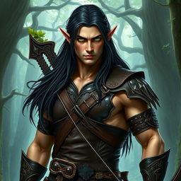 A formidable tall male forest elf with long dark hair, slightly green-tinted skin, and striking green eyes