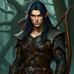 A formidable tall male forest elf with long dark hair, slightly green-tinted skin, and striking green eyes