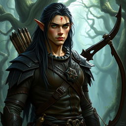A formidable tall male forest elf with long dark hair, slightly green-tinted skin, and striking green eyes