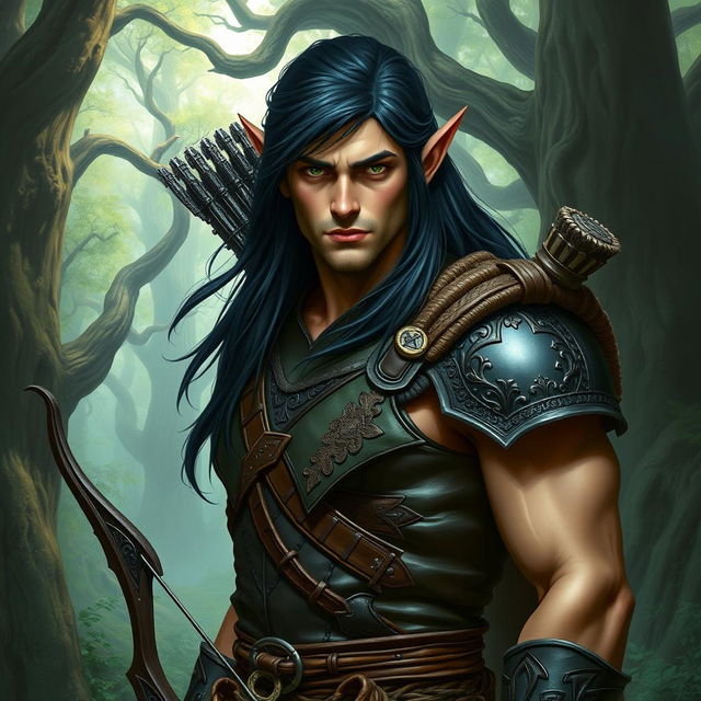 A formidable tall male forest elf with long dark hair, slightly green-tinted skin, and striking green eyes