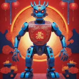 Illustrate a Chinese New Year poster with a central figure of a Chinese dragon robot. Incorporate solar panels and electronic-themed elements into the backdrop. Accentuate with bright red and blue neon designs on the robot's body.