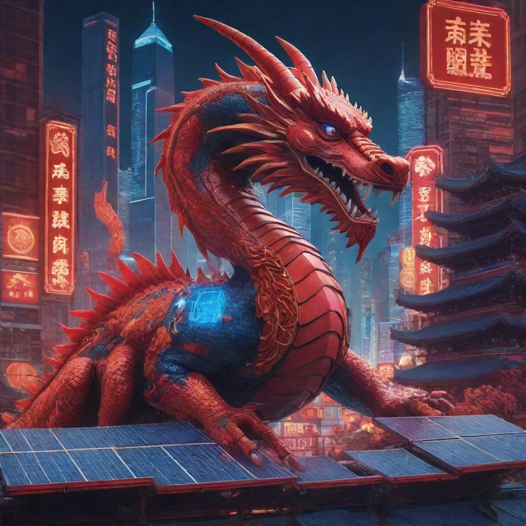 Depict a Chinese New Year poster inviting viewers to a cyberpunk Chinese city. The main focus is a Chinese dragon amid solar panels in a digital-themed landscape. Use a palette of red and blue with neon designs on the dragon's body.