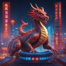 Depict a Chinese New Year poster inviting viewers to a cyberpunk Chinese city. The main focus is a Chinese dragon amid solar panels in a digital-themed landscape. Use a palette of red and blue with neon designs on the dragon's body.