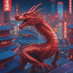 Depict a Chinese New Year poster inviting viewers to a cyberpunk Chinese city. The main focus is a Chinese dragon amid solar panels in a digital-themed landscape. Use a palette of red and blue with neon designs on the dragon's body.