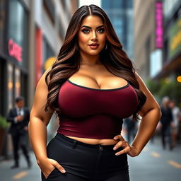 A voluptuous woman with large breasts, elegantly posed in a stylish outfit that highlights her curves