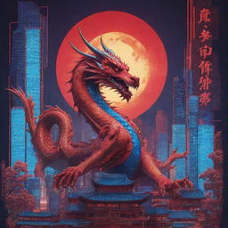 Depict a Chinese New Year poster inviting viewers to a cyberpunk Chinese city. The main focus is a Chinese dragon amid solar panels in a digital-themed landscape. Use a palette of red and blue with neon designs on the dragon's body.