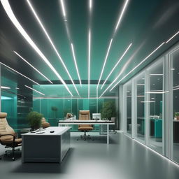 Medium-shot angle of a boss's office interior room, with grey and teal color scheme, white ceiling decorated with lights, a glass office table, and two designer walls. Illuminate the scene with soft, natural light for a cinematic, multiple-exposure visual effect.