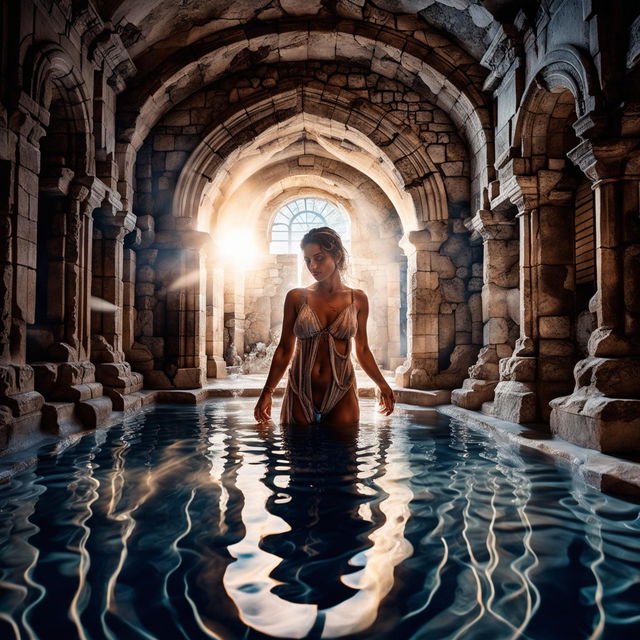 A goddess-like woman emerges from an opalescent water in an intricately carved Roman bathhouse under sunrise lighting. Captured with a Panasonic Lumix S1R and Lumix S PRO 16-35mm f/4 Lens.