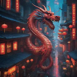 Design a Chinese New Year poster set in a cyberpunk Chinese city. Dominated by a majestic Chinese dragon, the city has solar panels lining its buildings. The scene thrives with neon designs reflecting off the dragon's body and uses a radiant palette of red and blue.