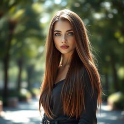 A full-body portrait of a stunning individual with long, straight brown hair and captivating green eyes