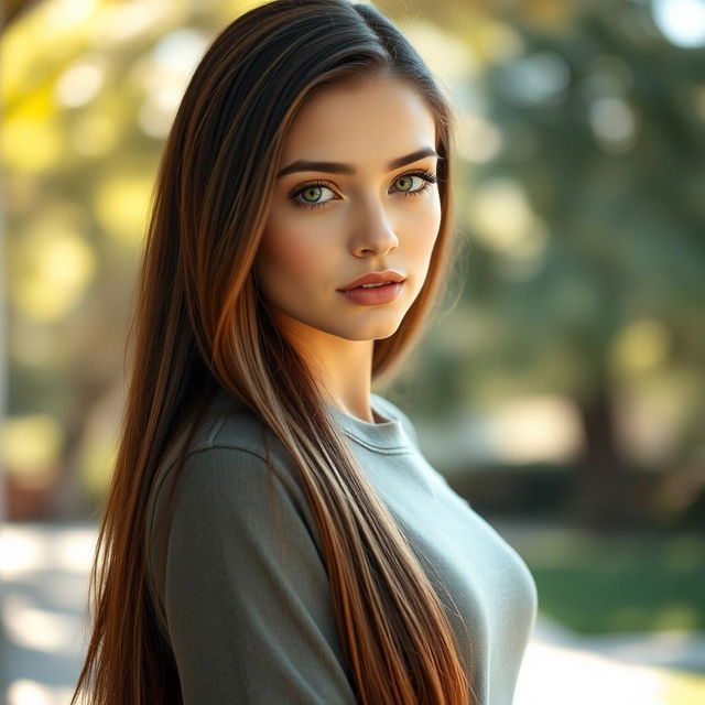 A full-body portrait of a stunning individual with long, straight brown hair and captivating green eyes