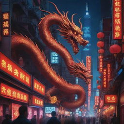 Design a Chinese New Year poster set in a cyberpunk Chinese city. Dominated by a majestic Chinese dragon, the city has solar panels lining its buildings. The scene thrives with neon designs reflecting off the dragon's body and uses a radiant palette of red and blue.