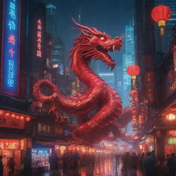 Design a Chinese New Year poster set in a cyberpunk Chinese city. Dominated by a majestic Chinese dragon, the city has solar panels lining its buildings. The scene thrives with neon designs reflecting off the dragon's body and uses a radiant palette of red and blue.