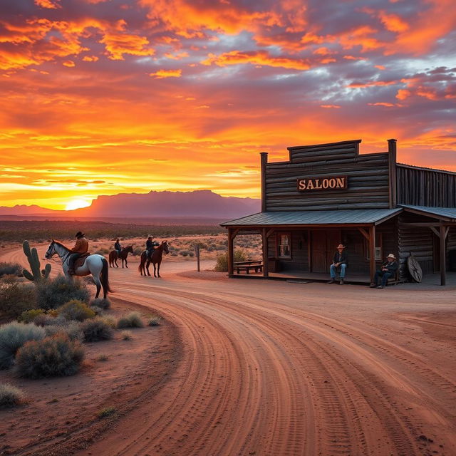 A vast and rugged old western landscape at sunset, featuring a dusty dirt road winding through the scene