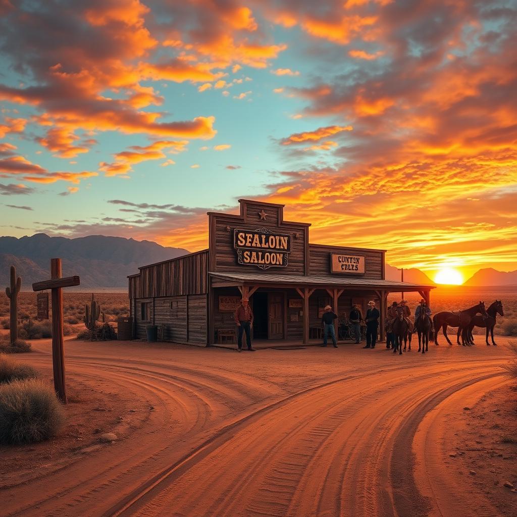 A vast and rugged old western landscape at sunset, featuring a dusty dirt road winding through the scene