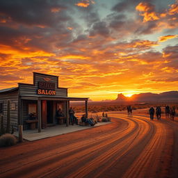 A vast and rugged old western landscape at sunset, featuring a dusty dirt road winding through the scene