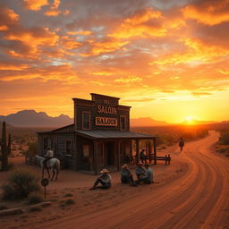 A vast and rugged old western landscape at sunset, featuring a dusty dirt road winding through the scene