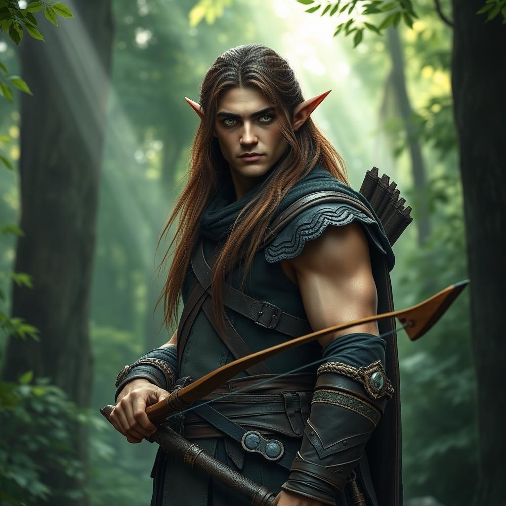 A formidable tall male forest elf, not muscular, with long brown hair and slightly greenish skin