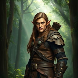 A formidable tall male forest elf, not muscular, with long brown hair and slightly greenish skin
