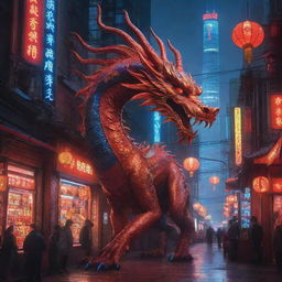 Design a Chinese New Year poster set in a cyberpunk Chinese city. Dominated by a majestic Chinese dragon, the city has solar panels lining its buildings. The scene thrives with neon designs reflecting off the dragon's body and uses a radiant palette of red and blue.