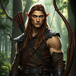 A formidable tall male forest elf, not muscular, with long brown hair and slightly greenish skin