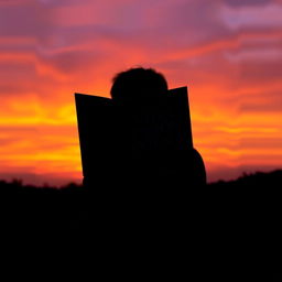 A silhouette of a person standing against a vibrant sunset, holding an open book