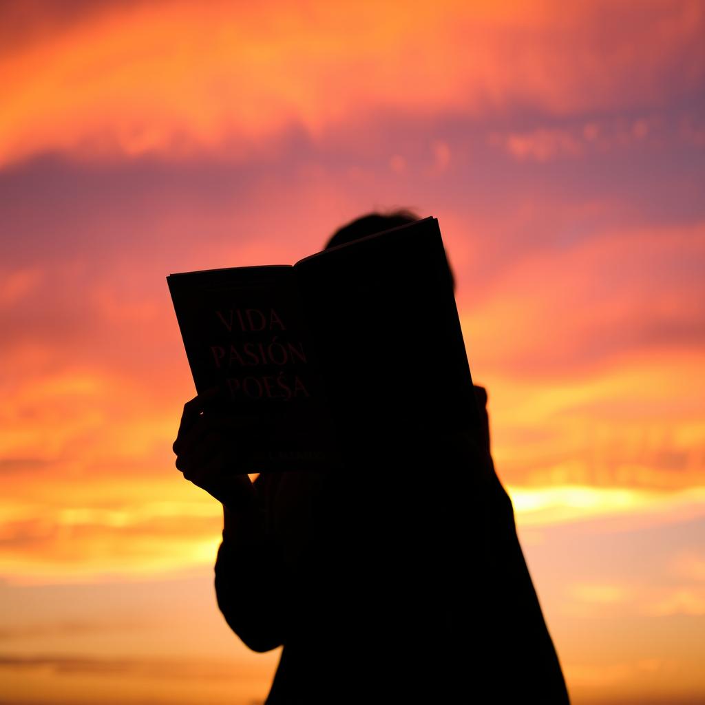 A silhouette of a person standing against a vibrant sunset, holding an open book