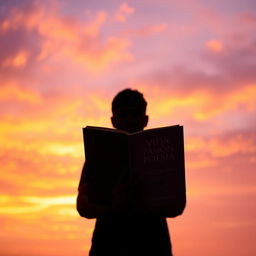 A silhouette of a person standing against a vibrant sunset, holding an open book