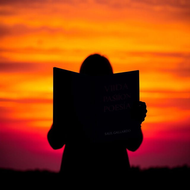 A silhouette of a person standing against a vibrant sunset, holding an open book