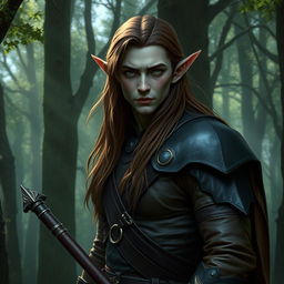 A gloomy tall forest elf, male, not muscular, with long brown hair, slightly greenish skin, green eyes, wearing leather armor and holding a bow