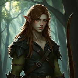 A gloomy tall forest elf, male, not muscular, with long brown hair, slightly greenish skin, green eyes, wearing leather armor and holding a bow