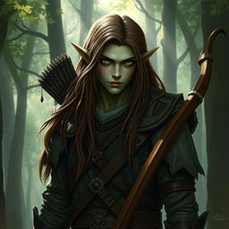 A gloomy tall forest elf, male, not muscular, with long brown hair, slightly greenish skin, green eyes, wearing leather armor and holding a bow