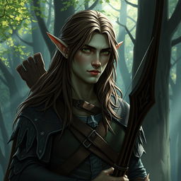 A gloomy tall forest elf, male, not muscular, with long brown hair, slightly greenish skin, green eyes, wearing leather armor and holding a bow