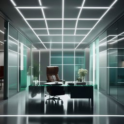 Medium-shot angle of a boss's office interior room, with grey and teal color scheme, white ceiling decorated with lights, a glass office table, and two designer walls. Illuminate the scene with soft, natural light for a cinematic, multiple-exposure visual effect.